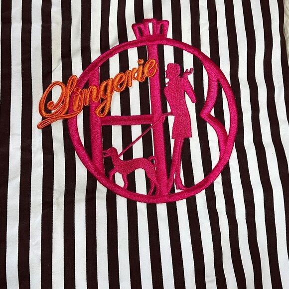 Henri Bendel Striped Embroidered Lingerie Dust/Travel Drawstring Bag Black White - Picture 2 of 5